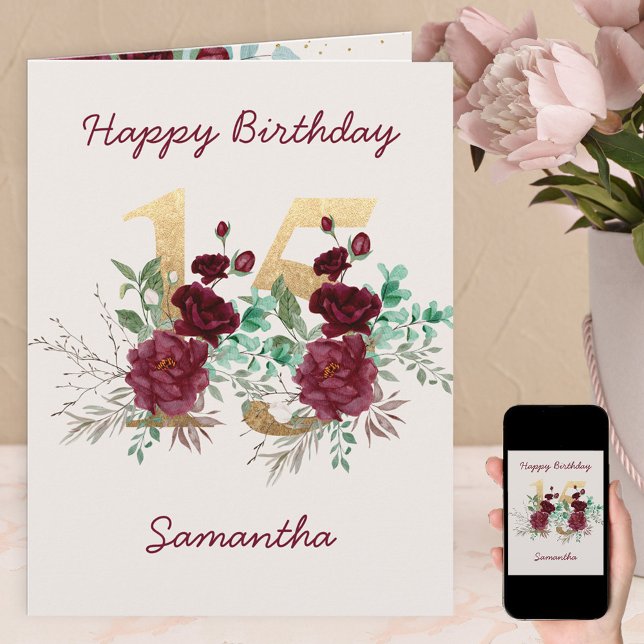Floral Number 15 Personalized 15th Birthday Card (Creator Uploaded)