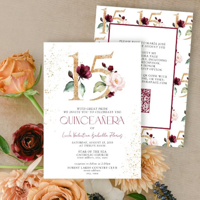 Floral Number 15 QR Burgundy Gold Quinceañera  Invitation (Creator Uploaded)