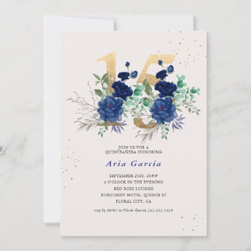 Floral Number 15 Royal Blue and Gold Quinceanera