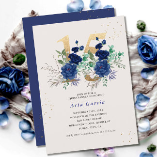 Floral Number 15 Royal Blue and Gold Quinceanera Invitation
