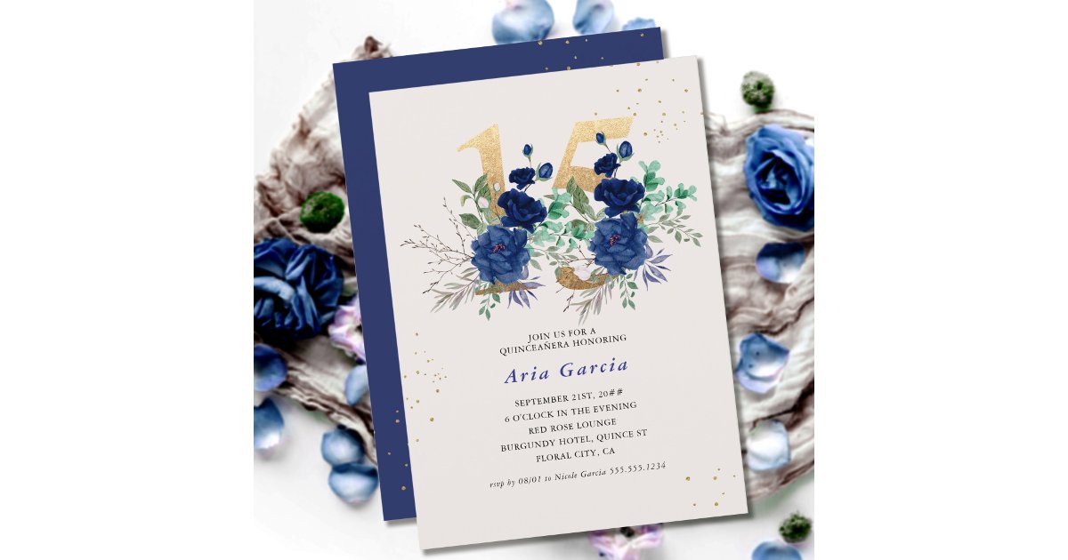 Floral Number 15 Royal Blue and Gold Quinceanera Invitation
