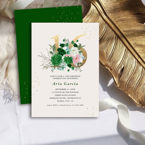 Floral Number 16 Emerald Green 16th Birthday Party Invitation