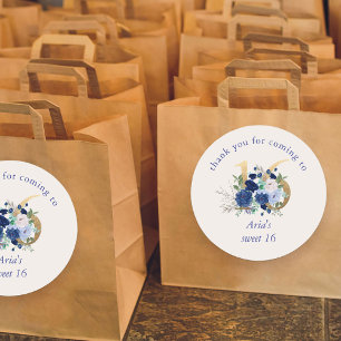 Floral Number 16 Ivory Royal Blue Gold Sweet 16 Classic Round Sticker