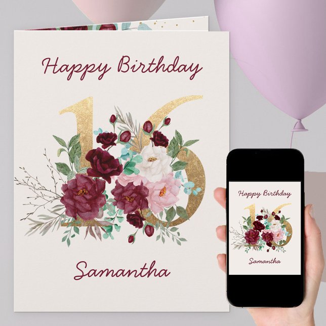 Floral Number 16 Personalized 16th Birthday Card (Creator Uploaded)