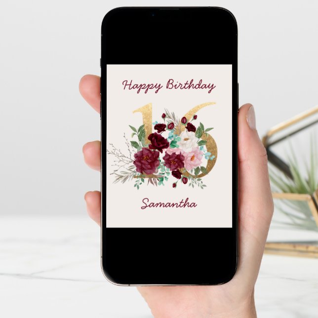 Floral Number 16 Personalized 16th Birthday Card (Front Digital)