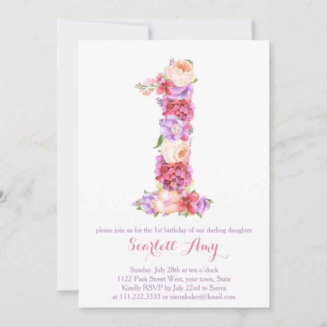 Floral Number 1 card; 1st birthday invitations (Front)