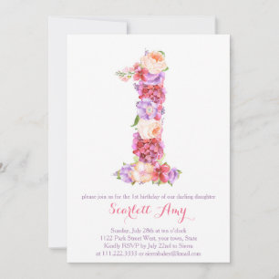 Floral Number 1 card; 1st birthday invitations