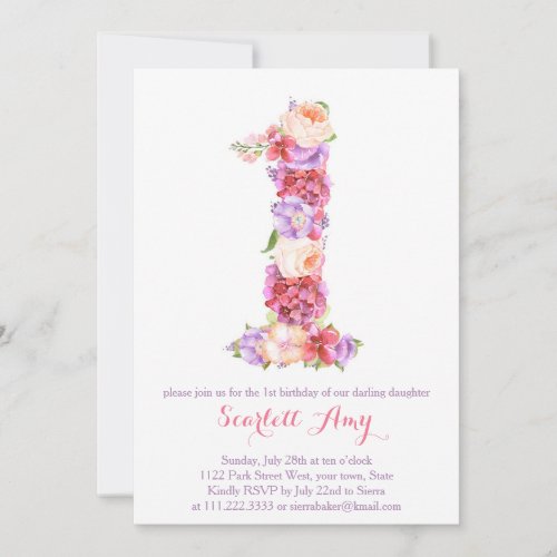 Floral Number 1 card 1st birthday invitations