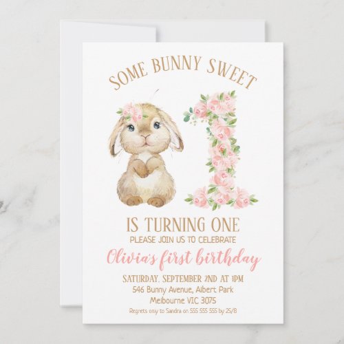 Floral Number Bunny Rabbit 1st Birthday Invitation