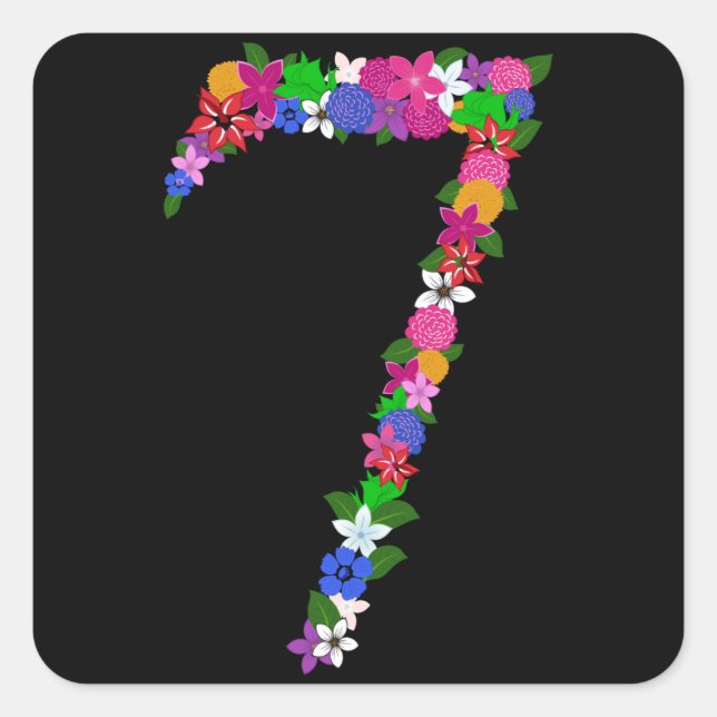 Floral Number Seven Botanical Flower Design Square Sticker (Front)