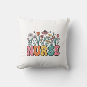Floral Nurse Bubble Letter Vintage Style Shirt Des Throw Pillow