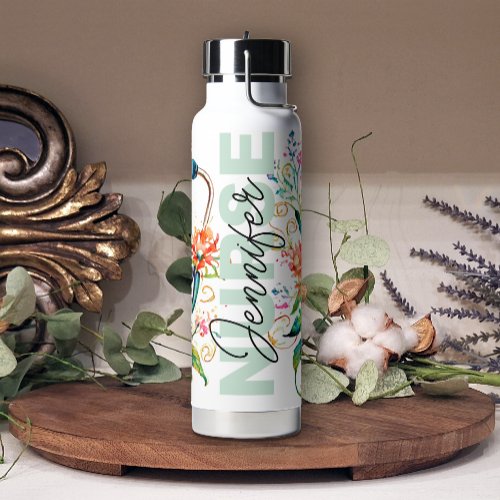 Floral Nurse Girly Add Name Tumbler Water Bottle