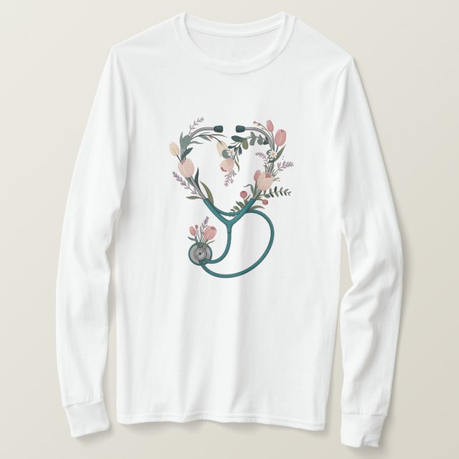 Floral Nurse Stethoscope T-Shirt – Soft Pastel  (Design Front)