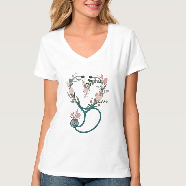 Floral Nurse Stethoscope T-Shirt – Soft Pastel  (Front)