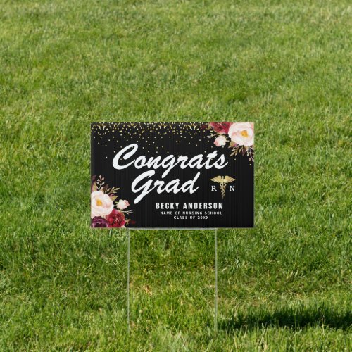 floral Nursing school black graduation yard sign