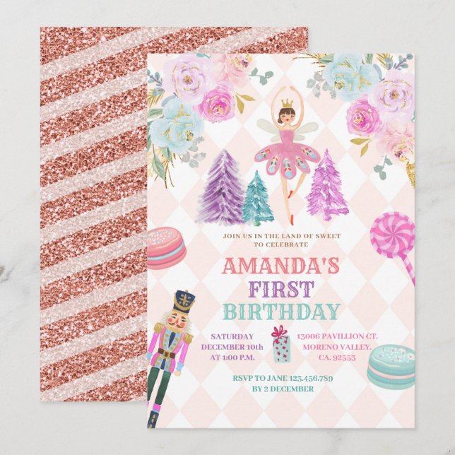 Floral Nutcracker Land of Sweets Girl Birthday Invitation (Front/Back)