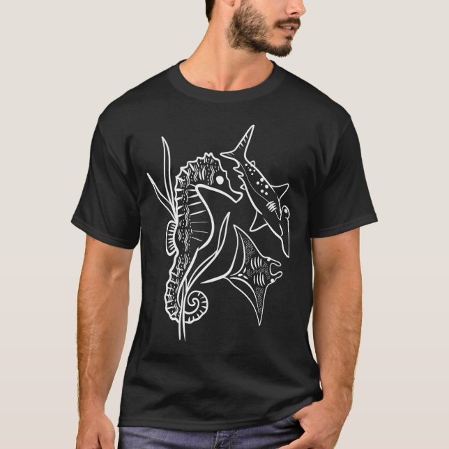 Floral Ocean Animals - Black Background T-Shirt (Front)