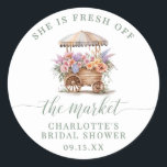 Floral Off the Market Bridal Shower Classic Round Sticker<br><div class="desc">Add a charming touch to your bridal shower favors with this Floral Off the Market Bridal Shower Classic Round Sticker, perfect for a rustic, farmers market-inspired celebration. Featuring a whimsical watercolor design of a wooden flower cart overflowing with pink peonies, peach roses, lavender lilacs, pale purple hydrangeas, yellow lilies, and...</div>