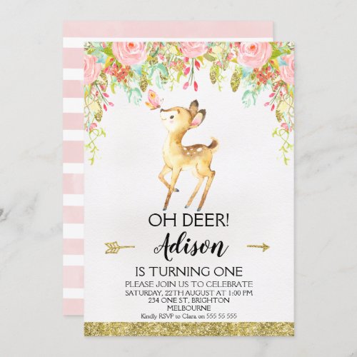 Floral Oh Deer Any Age Birthday Party Invitation