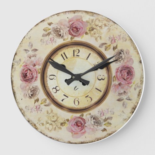 Floral Old Paper  Antique Style Red Roses Large Clock