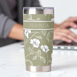 Floral Olive Green Modern Flower Coffee Travel Insulated Tumbler