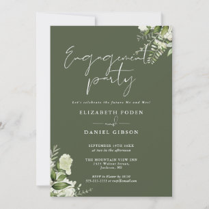 Floral Olive Green Script Engagement Party Invitation