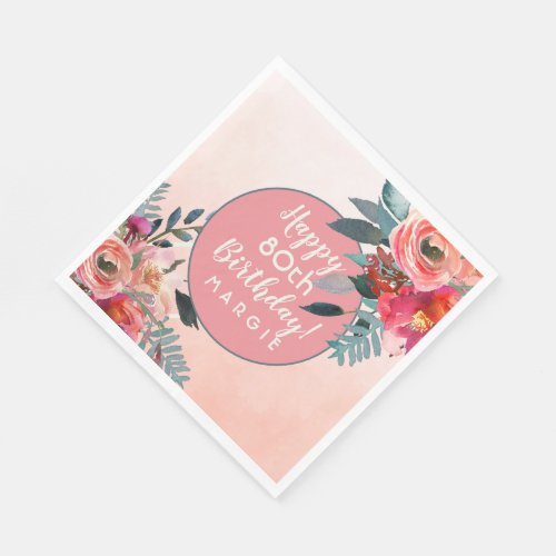 Floral Ombre Coral Pastels 80th Birthday Napkins