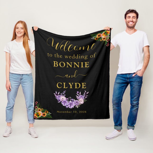 Floral on Black Wedding Welcome 50"x60" size Fleece Blanket (In Situ)