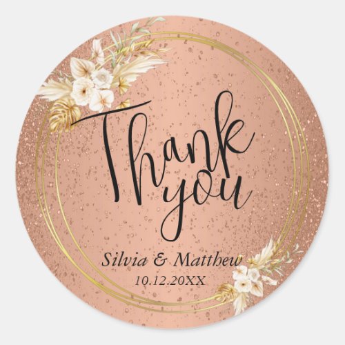 Floral On Coral Glitter _ Thank You    Classic Round Sticker