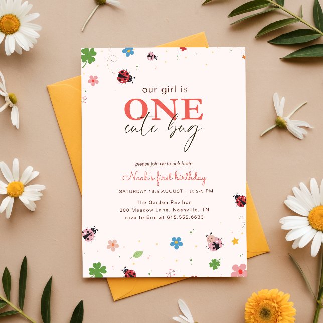Floral On Cute Bug Ladybug 1st Birthday Party Invitation (Creator Uploaded)