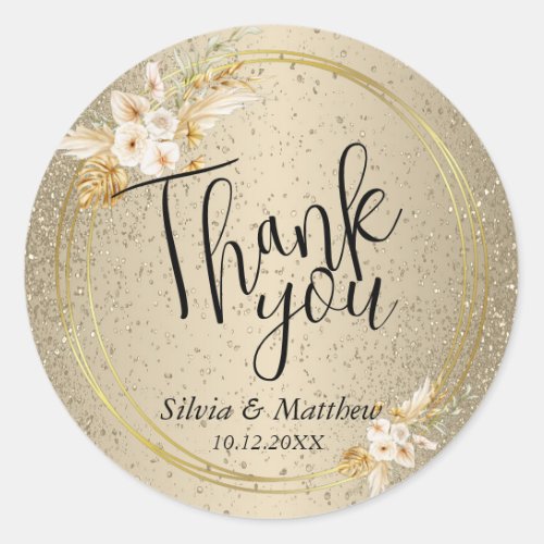 Floral On Gold Glitter _ Thank You     Classic Round Sticker