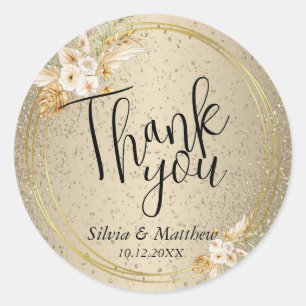 Floral On Gold Glitter - Thank You Classic Round Sticker