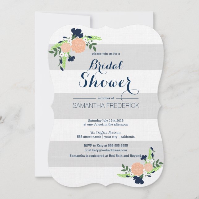 Floral on gray stripe - Bridal Shower Invitation (Front)