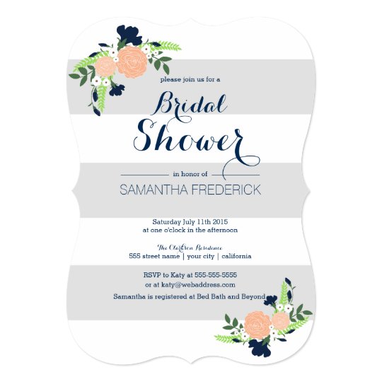 Floral on gray stripe Bridal Shower Invitation