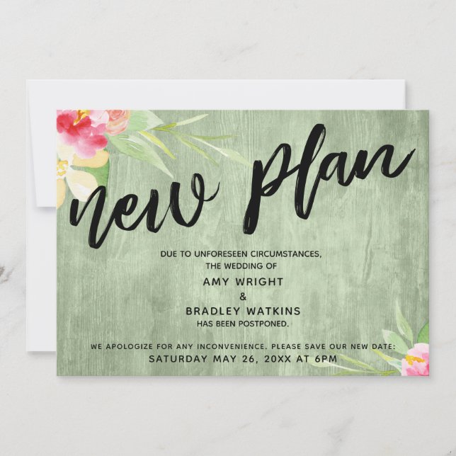 Floral on Green Wood "New Plan" Postponed Wedding Invitation (Front)