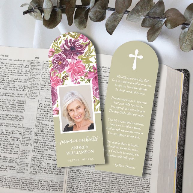 Floral on Sage Green Photo Funeral Bookmarks (Flowers on sage green photo Forever in our Hearts bookmark - poem, prayer on the back)