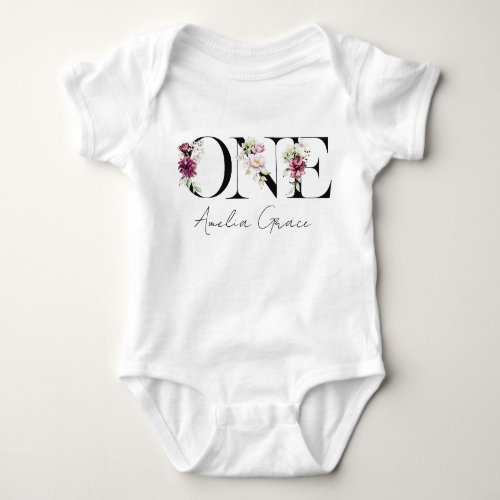 Floral ONE Baby Girls 1st Birthday  Name Outfit Baby Bodysuit