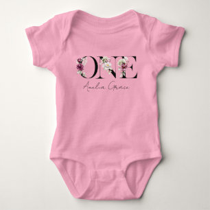 Floral ONE Baby Girl's 1st Birthday + Name Outfit Baby Bodysuit