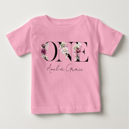 Floral ONE Baby Girls 1st Birthday  Name Outfit Baby T_Shirt
