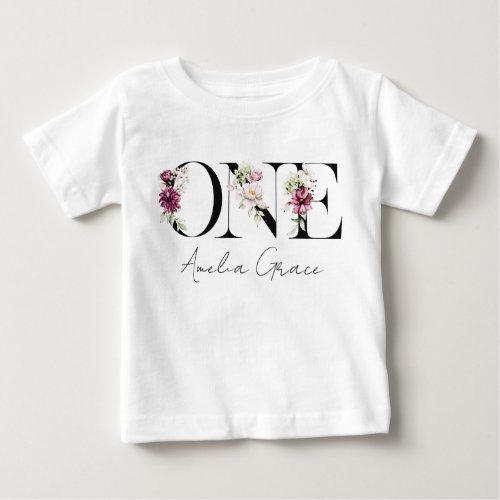 Floral ONE Baby Girls 1st Birthday  Name Outfit Baby T_Shirt