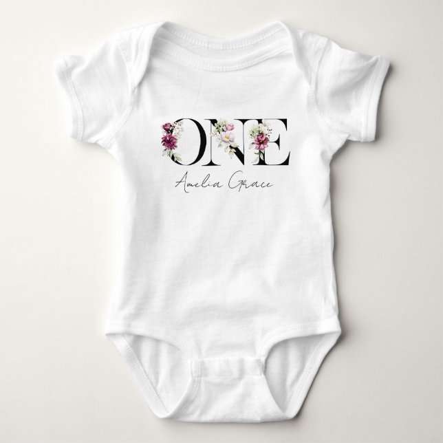 Floral ONE Baby Girl's 1st Birthday + Name Outfit Bodysuit (Front)