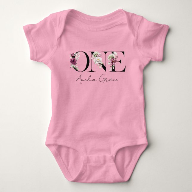 Floral ONE Baby Girl's 1st Birthday + Name Outfit Bodysuit (Front)