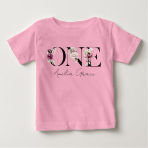 Floral ONE Baby Girl's 1st Birthday + Name Outfit T-Shirt