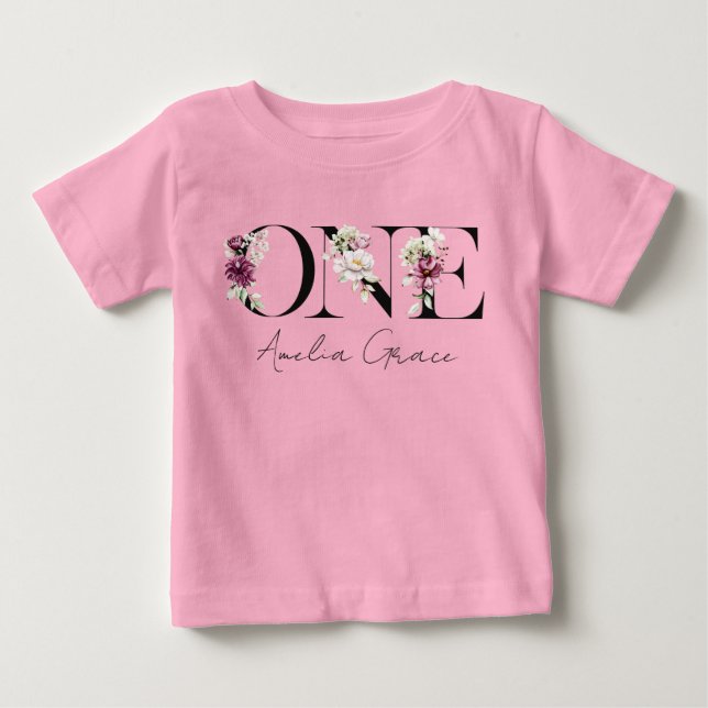 Floral ONE Baby Girl's 1st Birthday + Name Outfit T-Shirt (Front)
