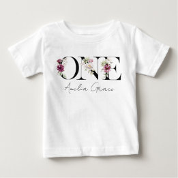 Floral ONE Baby Girl's 1st Birthday + Name Outfit T-Shirt