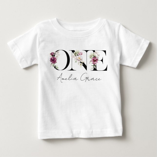 Floral ONE Baby Girl's 1st Birthday + Name Outfit T-Shirt (Front)