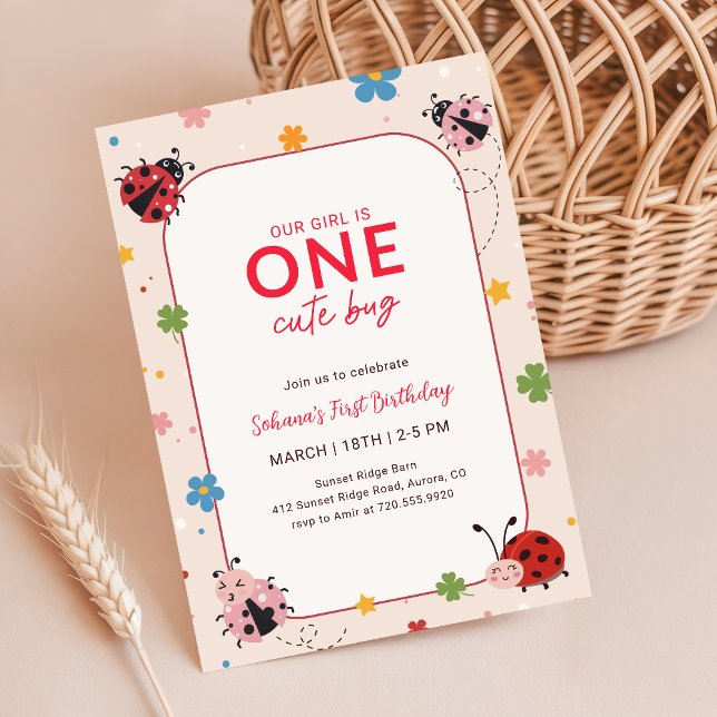 Floral One Cute Bug Ladybug 1st Birthday Party Invitation (Creator Uploaded)