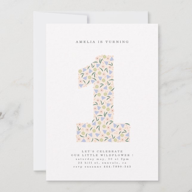 Floral One First Birthday Invite (Front)