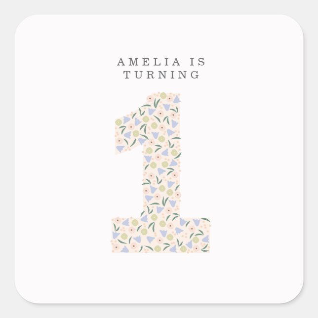 Floral One First Birthday Invite Square Sticker (Front)
