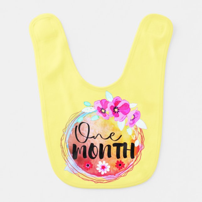 Floral One Month Old Baby Milestone Label Baby Bib (Front)